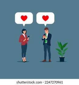 Mutual love. Сouple in love writing messages, texting to each other-online chat, friendship and communication. Vector illustration.