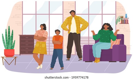 Mutual relations of parents and children, mom and dad scream and scold their naughty children, negative teenagers emotions. Family conflict. Angry parents and sad child, problems in education