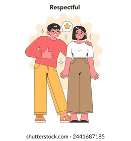 Mutual respect concept. Two individuals sharing a positive gesture, reflecting esteem and admiration with a star symbol. Acknowledgment and appreciation. Vector illustration