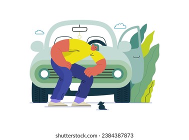 Mutual Support: Adopting a stray animal -modern flat vector concept illustration of man stopping his car for a kitten on the road A metaphor of voluntary, collaborative exchanges of resource, services
