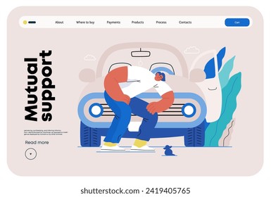 Mutual Support: Adopting a stray animal -modern flat vector concept illustration of man stopping his car for a kitten on the road A metaphor of voluntary, collaborative exchanges of resource, services