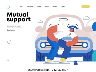 Mutual Support: Adopting a stray animal -modern flat vector concept illustration of man stopping his car for a kitten on the road A metaphor of voluntary, collaborative exchanges of resource, services