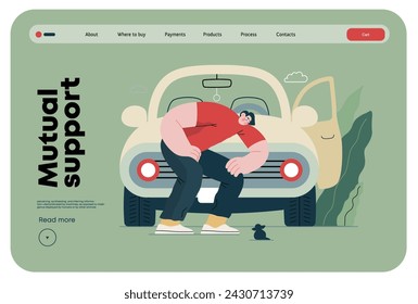 Mutual Support: Adopting a stray animal -modern flat vector concept illustration of man stopping his car for a kitten on the road A metaphor of voluntary, collaborative exchanges of resource, services
