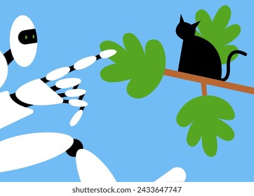 Mutual support: AI Robot Rescue a cat from a tree. Metaphor of voluntary, joint exchange of resources and services. Flat vector illustration.