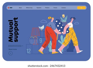 Mutual Support: Assistance with Moving -modern flat vector concept illustration of women collaboratively moving household items A metaphor of voluntary, collaborative exchanges of resource, services