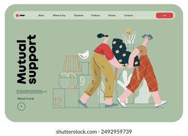 Mutual Support: Assistance with Moving -modern flat vector concept illustration of women collaboratively moving household items A metaphor of voluntary, collaborative exchanges of resource, services