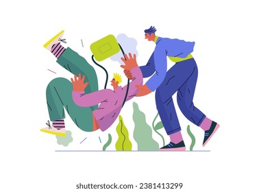 Apoyo Mutuo, Ayuda a la persona que cae - moderna ilustración de un vector plano del hombre que se desliza, otro lo apoya, evitando la caída. Metáfora del intercambio voluntario y colaborativo de servicios