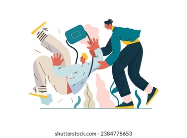 Mutual Support, Assisting Falling Person- modern flat vector concept illustration of man slipping, another supports him, preventing fall. Metaphor of voluntary, collaborative exchange of service