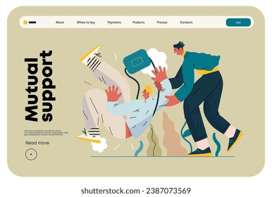 Mutual Support, Assisting Falling Person- modern flat vector concept illustration of man slipping, another supports him, preventing fall. Metaphor of voluntary, collaborative exchange of service