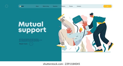 Apoyo Mutuo, Ayuda a la persona que cae - moderna ilustración de un vector plano del hombre que se desliza, otro lo apoya, evitando la caída. Metáfora del intercambio voluntario y colaborativo de servicios