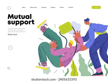 Mutual Support, Assisting Falling Person- modern flat vector concept illustration of man slipping, another supports him, preventing fall. Metaphor of voluntary, collaborative exchange of service