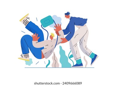 Mutual Support, Assisting Falling Person- modern flat vector concept illustration of man slipping, another supports him, preventing fall. Metaphor of voluntary, collaborative exchange of service