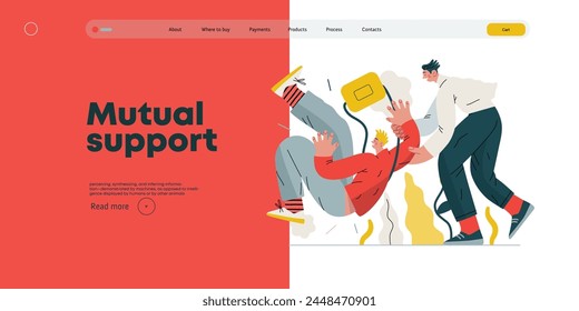 Mutual Support, Assisting Falling Person- modern flat vector concept illustration of man slipping, another supports him, preventing fall. Metaphor of voluntary, collaborative exchange of service