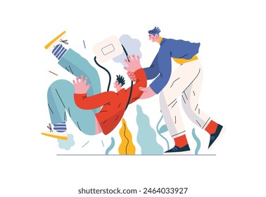 Mutual Support, Assisting Falling Person- modern flat vector concept illustration of man slipping, another supports him, preventing fall. Metaphor of voluntary, collaborative exchange of service