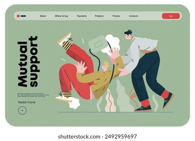 Mutual Support, Assisting Falling Person- modern flat vector concept illustration of man slipping, another supports him, preventing fall. Metaphor of voluntary, collaborative exchange of service