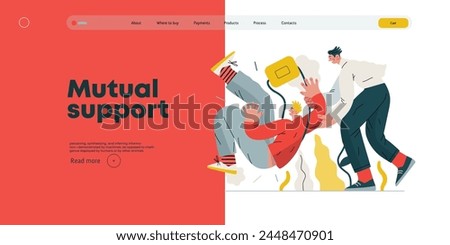 Mutual Support, Assisting Falling Person- modern flat vector concept illustration of man slipping, another supports him, preventing fall. Metaphor of voluntary, collaborative exchange of service