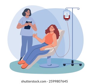 Mutual support: blood donation - vector conceptual illustration of nurse and woman donating blood.