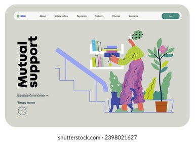 Mutual Support: Book Swap -modern flat vector concept illustration of a woman leaving books on a shelf in hallway for neighbors A metaphor of voluntary, collaborative exchanges of resource, services