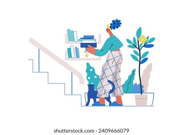 Mutual Support: Book Swap -modern flat vector concept illustration of a woman leaving books on a shelf in hallway for neighbors A metaphor of voluntary, collaborative exchanges of resource, services