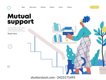 Mutual Support: Book Swap -modern flat vector concept illustration of a woman leaving books on a shelf in hallway for neighbors A metaphor of voluntary, collaborative exchanges of resource, services