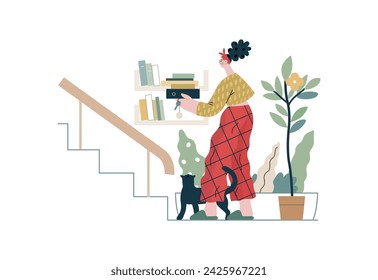 Mutual Support: Book Swap -modern flat vector concept illustration of a woman leaving books on a shelf in hallway for neighbors A metaphor of voluntary, collaborative exchanges of resource, services