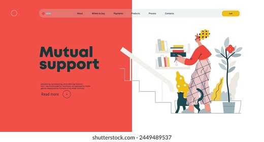Mutual Support: Book Swap -modern flat vector concept illustration of a woman leaving books on a shelf in hallway for neighbors A metaphor of voluntary, collaborative exchanges of resource, services