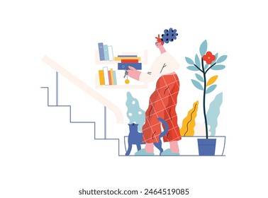 Mutual Support: Book Swap -modern flat vector concept illustration of a woman leaving books on a shelf in hallway for neighbors A metaphor of voluntary, collaborative exchanges of resource, services