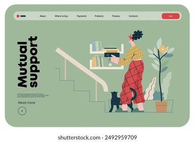 Mutual Support: Book Swap -modern flat vector concept illustration of a woman leaving books on a shelf in hallway for neighbors A metaphor of voluntary, collaborative exchanges of resource, services