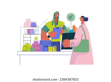 Mutual Support: Bringing groceries to food bank -modern flat vector concept illustration of people donating food to food pantry A metaphor of voluntary, collaborative exchanges of resource, services