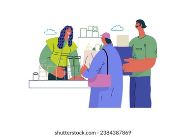 Mutual Support: Bringing groceries to food bank -modern flat vector concept illustration of people donating food to food pantry A metaphor of voluntary, collaborative exchanges of resource, services