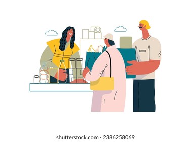 Mutual Support: Bringing groceries to food bank -modern flat vector concept illustration of people donating food to food pantry A metaphor of voluntary, collaborative exchanges of resource, services