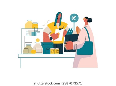 Mutual Support: Bringing groceries to food bank -modern flat vector concept illustration of people donating food to food pantry A metaphor of voluntary, collaborative exchanges of resource, services