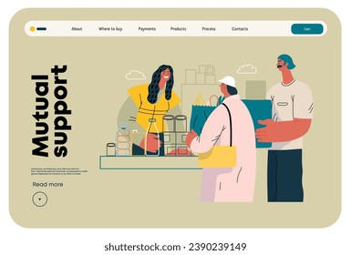 Mutual Support: Bringing groceries to food bank -modern flat vector concept illustration of people donating food to food pantry A metaphor of voluntary, collaborative exchanges of resource, services