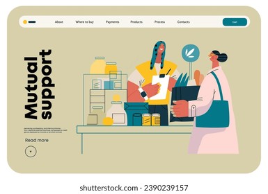 Mutual Support: Bringing groceries to food bank -modern flat vector concept illustration of people donating food to food pantry A metaphor of voluntary, collaborative exchanges of resource, services