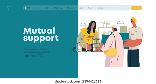 Mutual Support: Bringing groceries to food bank -modern flat vector concept illustration of people donating food to food pantry A metaphor of voluntary, collaborative exchanges of resource, services