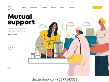 Mutual Support: Bringing groceries to food bank -modern flat vector concept illustration of people donating food to food pantry A metaphor of voluntary, collaborative exchanges of resource, services