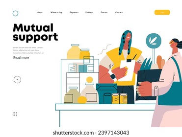 Mutual Support: Bringing groceries to food bank -modern flat vector concept illustration of people donating food to food pantry A metaphor of voluntary, collaborative exchanges of resource, services