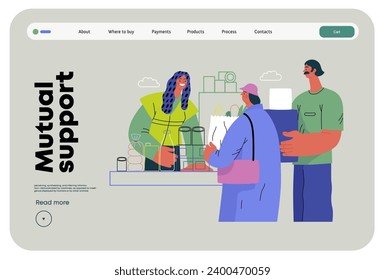 Mutual Support: Bringing groceries to food bank -modern flat vector concept illustration of people donating food to food pantry A metaphor of voluntary, collaborative exchanges of resource, services