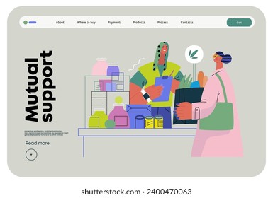 Mutual Support: Bringing groceries to food bank -modern flat vector concept illustration of people donating food to food pantry A metaphor of voluntary, collaborative exchanges of resource, services