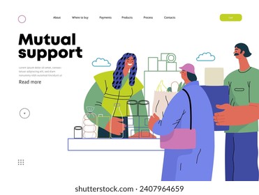 Mutual Support: Bringing groceries to food bank -modern flat vector concept illustration of people donating food to food pantry A metaphor of voluntary, collaborative exchanges of resource, services