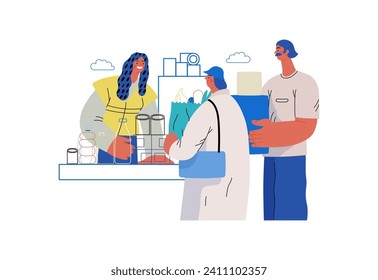 Mutual Support: Bringing groceries to food bank -modern flat vector concept illustration of people donating food to food pantry A metaphor of voluntary, collaborative exchanges of resource, services