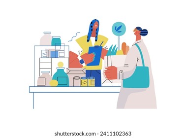 Mutual Support: Bringing groceries to food bank -modern flat vector concept illustration of people donating food to food pantry A metaphor of voluntary, collaborative exchanges of resource, services