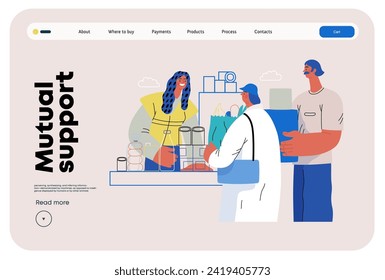 Mutual Support: Bringing groceries to food bank -modern flat vector concept illustration of people donating food to food pantry A metaphor of voluntary, collaborative exchanges of resource, services