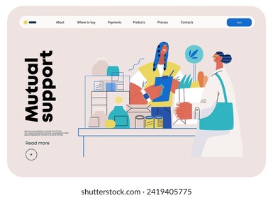 Mutual Support: Bringing groceries to food bank -modern flat vector concept illustration of people donating food to food pantry A metaphor of voluntary, collaborative exchanges of resource, services