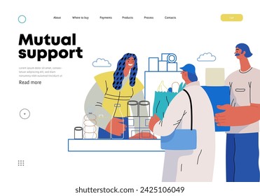 Mutual Support: Bringing groceries to food bank -modern flat vector concept illustration of people donating food to food pantry A metaphor of voluntary, collaborative exchanges of resource, services