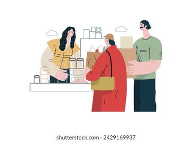 Mutual Support: Bringing groceries to food bank -modern flat vector concept illustration of people donating food to food pantry A metaphor of voluntary, collaborative exchanges of resource, services