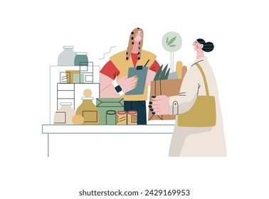 Mutual Support: Bringing groceries to food bank -modern flat vector concept illustration of people donating food to food pantry A metaphor of voluntary, collaborative exchanges of resource, services