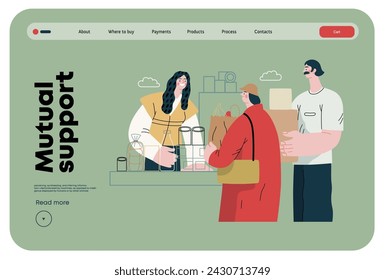 Mutual Support: Bringing groceries to food bank -modern flat vector concept illustration of people donating food to food pantry A metaphor of voluntary, collaborative exchanges of resource, services