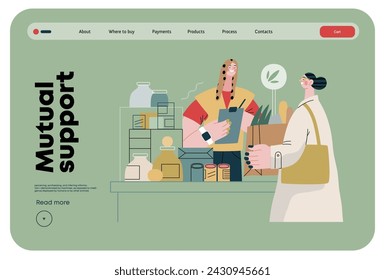 Mutual Support: Bringing groceries to food bank -modern flat vector concept illustration of people donating food to food pantry A metaphor of voluntary, collaborative exchanges of resource, services