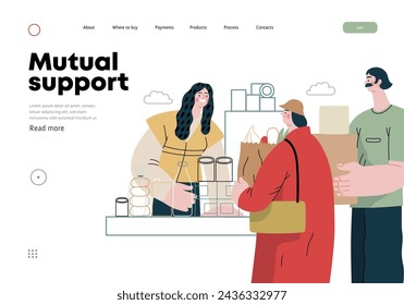 Mutual Support: Bringing groceries to food bank -modern flat vector concept illustration of people donating food to food pantry A metaphor of voluntary, collaborative exchanges of resource, services